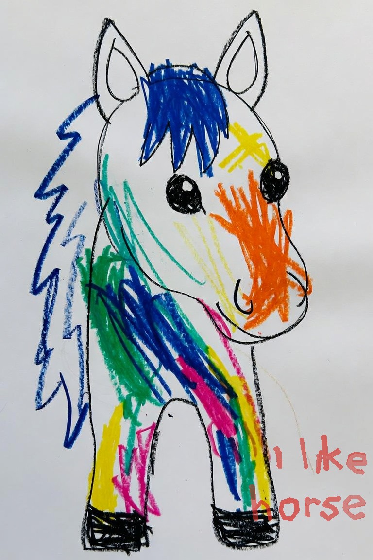 A child's crayon drawing of a horse with a rainbow mane, captioned 'i like horse' in red crayon